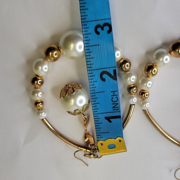 Gold Beads and White Pearl Large Hook Earrings - Picture 7 of 9